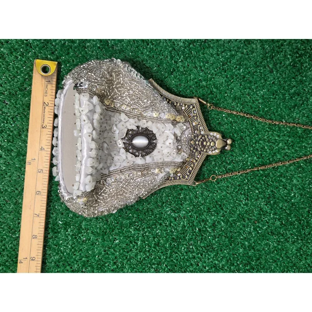 Vintage Beaded Sequined Evening Clutch Bag Antique Gold Tone Frame White Shell